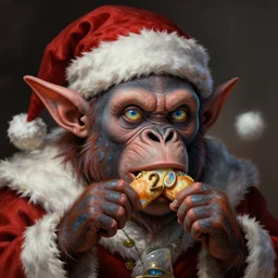 anthropomorphic d 2 0 goblin head in opal darkiron santa claus caricature eating d 2 0, intricate, elegant, highly detailed orang - utan, digital painting, artstation, concept art, sharp focus, illustration, art by artgerm, bob eggleton, michael whelan, stephen hickman, richard corben, wayne barlowe, greg rutkowski, alphonse mucha, 8 k