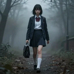 school girl walking, gloomy and foggy atmosphere, octane render, cgsociety, artstation trending, horror scene, highly detailded