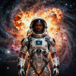 black man in an advanced spacesuit without a helmet in front of exploding nebulae, digital illustration trending on artstation by artgerm and rutkowski