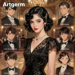 a beautiful girl with black hair in 1930's fashion, ballroom background, intricate, highly detailed, digital painting, artstation, official media, anime key visual, concept art, rich vivid colors, ambient lighting, sharp focus, illustration, art by Artgerm, Makoto Shinkai, Ilya Kuvshinov, Lois Van Baarle, and Rossdraws