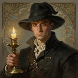 a mind - blowing portrait of a fortune seeker male, clean shaven, holding a candle holder, wearing a droopy hat, wearing dark maritime clothing, deep focus, d & d, fantasy, intricate, elegant, highly detailed, digital painting, artstation, concept art, matte, sharp, illustration, hearthstone, art by artgerm and greg rutkowski and alphonse mucha