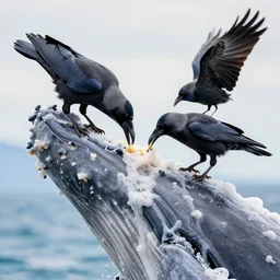 photo of corvids eating a frothy whale, nature photography, 4 k, hdr