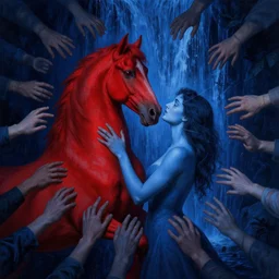 only with blue, ney motogrosso in love with a red stallion, too many hands in all directions, in hoc signo vinces, waterfall, in the style of leonora carrington, gottfried helnwein, raqib shaw, chiaroscuro intricate composition, blue light by caravaggio, insanely quality, highly detailed, masterpiece, red light