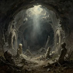 the destruction of reality, birth of the void, end of silence, edge of sound, time reversed, alien ruins, Emptiness expanding, Alien Ruins after the Destruction of Reality during the Birth of the Void, Romantic, Luminism, Hudson River School, art in the style of Francisco de Goya and Zdzisław Beksiński and Caspar David Friedrich —H 1280 —W 720