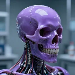 purple glossy translucent skin mecha humanoid skull with visible inside wiring and circuitry, ultra-detailed, low-light, at laboratory, by vitaly vulgarov