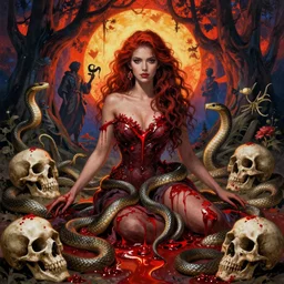 Ellen Jewett, beautiful blood bath and skulls, snakes,gustave dore, ferdinand knab, Beksinski, vivid colors