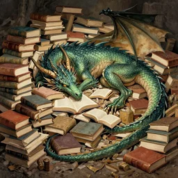 A dragon sleeping on a huge pile of books, by Jody A Lee.
