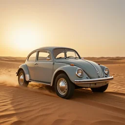 a volkswagen beetle in the middle of the saharan desert, spinning it's tires in the sand, hdr, golden hour, atmospheric