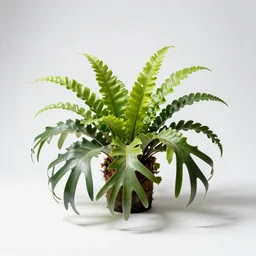 silver staghorn fern, studio photography, full body, isolated on a pure white background, centered, entire subject in frame, sharp focus, soft studio lighting