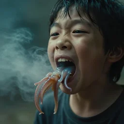 realistic portrait photography of man 3 5 years old mouth open by daikichi amano, eels worms squid coming out of the mouth, cinematographic, cinematic light, grainy image, intense, a bit of smoke and fog around, filth and grim, close up view, 8 0 mm lens,