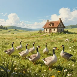 a flock of geese in a beautiful grass landscape with an small medieval peasanthouse in the background, artstation, cgsociety, 8 k, cinematic, unreal engine, octane render, illustration digital painting, digital painting, artstation, concept art, sharp focus, art by wlop and greg rutkowski, rule of thirds, golden ratio, ambient lighting