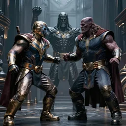 Thanos fighting Darkseid in hell, hyper realistic, Zack Snyder movie shot, moody, atmospheric, 8k resolution, high detail,