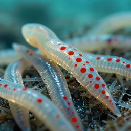 high quality macro photo translucent gelatinous worms! gorgeous red dots highly detailed hannah yata elson peter cinematic turquoise lighting high quality low angle hd 8k sharp shallow depth of field