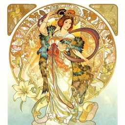 deco art by yoshitaka amano, alfons mucha and makoto shinkai. chinese taoist fairy goddess played by liu yifei, colorful clothes and feather clothes of the tang dynasty, hyper detailed, character concept, full body, dynamic pose, intricate, lineart, cerpuscular rays, lily flowers. 8 k