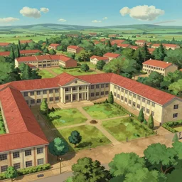 senegalese college university campus in the year 1 9 7 0, beautiful landscape, realistic concept art render, by studio ghibli and dwayne mcduffie and denys cowan, hot pink and gold color scheme, 3 2 k, hd, intricate details, epic composition