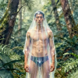 by ivan shishkin, octane render, unreal engine, watercolor, telephoto, 8 k, natural lighting, in a symbolic and meaningful style, fit toned asian male draped in clear iridescent cloth, face show no emotion, standing inside a tropical forest