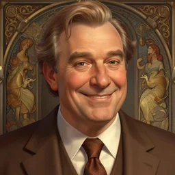 close up of john lasseter smiling wearing a brown suit and necktie, focus, d & d, intricate, elegant, highly detailed, digital painting, artstation, concept art, matte, sharp focus, illustration, hearthstone, art by artgerm and greg rutkowski and alphonse mucha