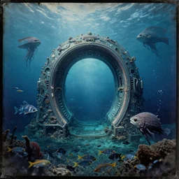 intergalactic stargate portal in the middle of a deep ocean, with strange sea creatures swimming around it and a school of fish in the foreground by richard eurich, style of tintype