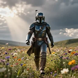 mandalorian skipping through field of wildflowers, stunning cinematography, light diffusion