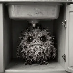 strange creepy fuzzy creature found in the cabinet under a sink, dark photograph