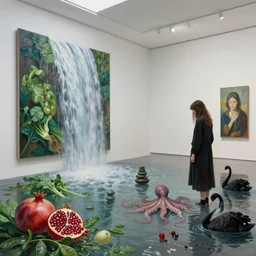 painting of a flooded modern art gallery and a tall emo girl, art gallery interior, waterfall coming from a painting and flooding the gallery, pomegranates, green vegetables,, octopus, zen, black swans, berries, 2 0 mm lens, surrealist, by magritte and monet
