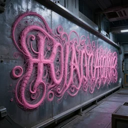 intricate, highly detailed, sharp, pink, mysterious curly extraterrestrial writing, on a long the metallic wall of an abandoned spaceship
