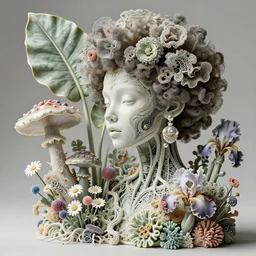 intricate hyper detailed ultra sharp porcelain afro biomechanical cyborg, analog, beautiful natural soft light, large leaves and floral stems, roots, fine foliage lace, daisies, colorful puffballs, huge fractal mushrooms, rhizomorphs, brackets, fractal sponge corals, iris van harpen haute couture, pearl earring, intricate details, octane render, volumetric lighting, 8 k