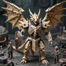 kobold winged skeleton dragonshield overseer, symmetrical face, art by richard bassford and melvyn grant and den beauvais, trending on artstation, dark atmospheric lighting aerial view realism, tilt - shift, closeup, industrialpunk papier - colle