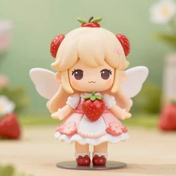 a femo figurine of a cute funny strawberry fairy with a frilly floral dress featured in genshin impact
