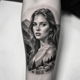 a beautiful girl faded in a mountain scenery, realism tattoo, in the style of den yakovlev, black and white, hyper realistic, highly detailed