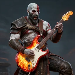 screaming kratos rocking out on a flaming stratocaster guitar, cinematic render, god of war 2 0 1 8, playstation studios official media, lightning, flames, left eye stripe, left eye stripe, clear, coherent