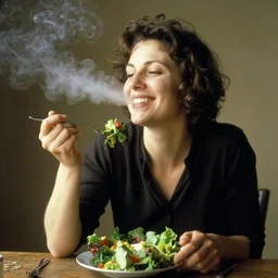 stock photo of happy woman eating salad and exhaling smoke by james ensor
