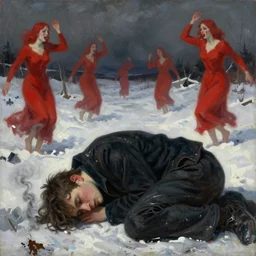 closeup of a lonely man in curled up position with black smoke, red women dancing and crying, snowy post apocalyptic field, painting by beksinski