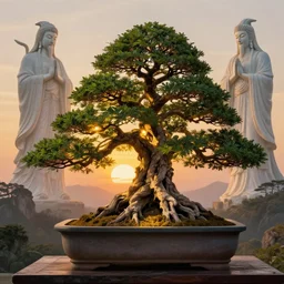 Bonsai tree house, lit by the light of gods, sunrise, hyper detailed, artstation, cgsociety by greg rutkowski and by Gustave Dore