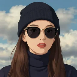 glamor portrait, young female model, electric sunglasses, beanie, turtleneck, cloudy background, intricate detailed hyperrealistic by mandy jurgens and studio ghibli, bold colors, artstation