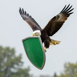 eagle grabbing a green shield midflight