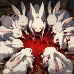 very very aggressive bunnies thirsty for blood, injuries, beheaded bunnies, very red blood, blood, killing, grotesque, grotesque, rabbit of caerbannog, makoto shinkai, james ryman, overgrowth game style
