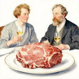meat dinner, masterpiece, meat, pork, schnapps, watercolor by anders zorn and carl larsson, art nouveau