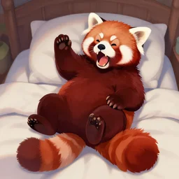 commissioned full body portrait of an anthro! red panda waking up in bed! and yawning, trending on furaffinity,