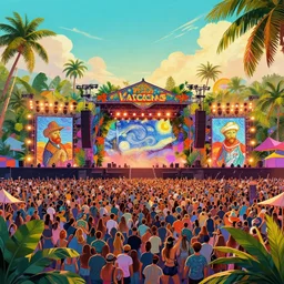 tropical party rave gigantic stage and thousands of party people beautiful picture and scenery, vibrant colors, official fanart behance hd artstation by greg rutkowski, by jeremy mann, by francoise nielly, by van gogh