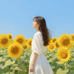painting of a girl standing in a field of sunflowers with blue sky above