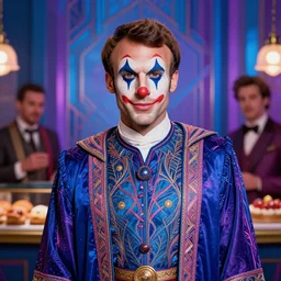 portrait of glamor norse god | emmanuel macron | robe | ( ( clown ) ) | bakery background | highly detailed | very intricate | professional model | cinematic lighting | painted by donato giancola and mandy jurgens and charlie bowater | bold colors, artdeco, art deco synthwave blue purple pink aesthestic, 8 0's nostalgia | artstation