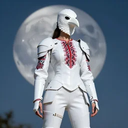 female adventurer in tight full - body white leather armor of ukrainian vyshyvanka design with red accents and a white porcelain crow mask, trending in artstation, ukrainian, artstation, big moon in the background, establishing shot