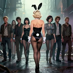 highly detailed portrait of marilyn monroe, back view, bunny ears headband playboy, tight clothing, playboy bunny costume, velvet stockings, fullbody, in the walking dead, stephen bliss, unreal engine, fantasy art by greg rutkowski, loish, rhads, ferdinand knab, makoto shinkai and lois van baarle, ilya kuvshinov, rossdraws, tom bagshaw, global illumination, radiant
