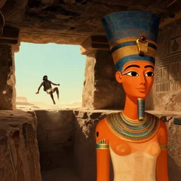a man slides in an ancient cave, egyptian style, when on the horizon it seems that he is about to fall into the abyss, but in front of him an egyptian figure appears, painted all in orange, she is very similar to nefertiti, she has no expression on her face, she is a divine being, megalophobia, digital art, synthwave