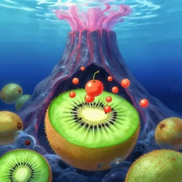 digital art of kiwi fruit and gooseberry fruit underwater, in the mouth of an underwater volcano, art by makoto shinkai, ivan aivazovski, greg rutkowski, colorful, artgem artstation, disney, funny, colorful, romantic, epic