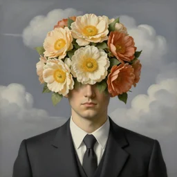 portrait of a faceless beautiful flowers as head, man in a suit, clouds in the background, by rene magritte, detailed painting, far distance, centered, hd, hq, high resolution, high detail, 4 k, 8 k