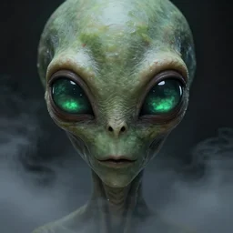 portrait of alien with large black eyes and a very long forehead. green semitransparant cloudy lightly glowing eyes. high quality photorealistic octane render 4 k raytraced, real photo, 2 0 2 2, volumetric fog, subsurface scattering, scary, unnerving, serious, dark, fear, concept art in the style of chris foss, trending on artstation, cgstation, symmetric, perfect, beautiful, horror