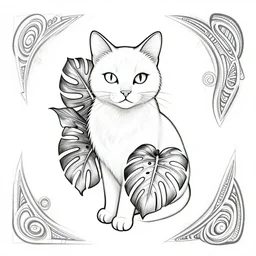 tattoo sketch of a cat with one eye, monstera deliciosa, a draft, organic ornament, maori, vector