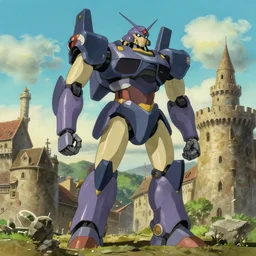 an stylized giant mecha walking over a medieval town, by studio ghibli